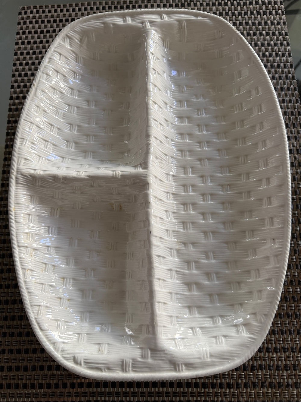 Vintage Italian hand-painted basket weave 3 section divided serving dish